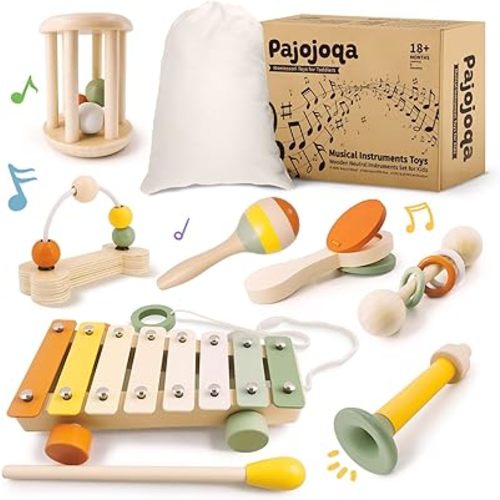 7pcs Musical Instruments Set 18M+ Montessori Toys 2 3 4 Neutral Colors Wooden Toys for Toddlers 3-5 Percussion Instruments Modern Boho Xylophone Sensory Gifts Boys Girls