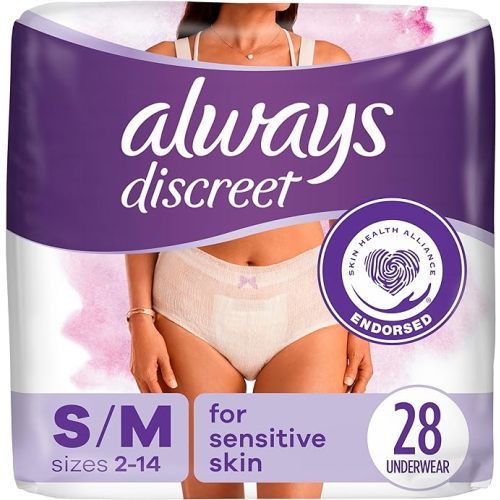 Always Discreet for Sensitive Skin Underwear, Four Times Skin Protection, Dermatologically Tested, Fragrance-Free, Maximum Absorbency, Small/Medium, 28 Count