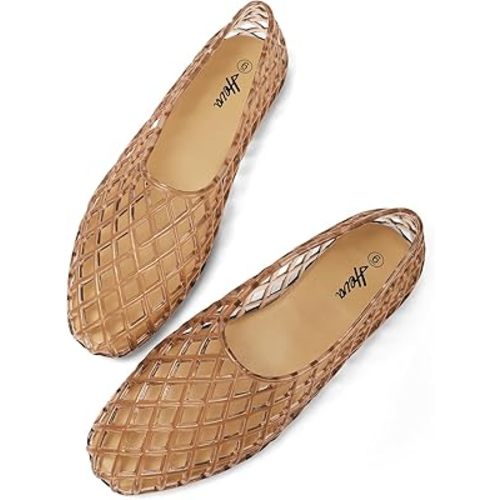 HEVA Women's Jelly Mesh Flats Breathable Clear Hollow Shoes Summer Beach Jellies Ballet Sandals