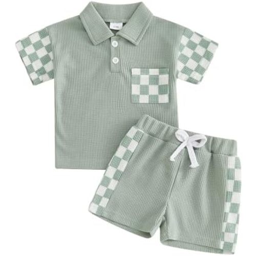 Tsultryofs Toddler Baby Boy Summer Outfit Infant Patchwork Clothes Short Sleeve Polo Shirt Tops and Stretch Shorts Set 2Pcs