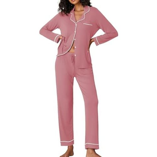Ekouaer Pajamas Women's Long Sleeve Sleepwear Soft Button Down Loungewear Pjs Lounge Set Nightwear XS-XXL