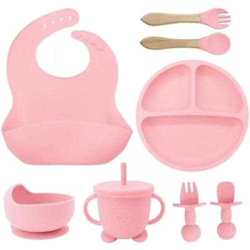 Samigo 8pcs Silicone Baby Feeding Set for Infants 6+ Months – Suction Bowl,Divided Plate,Straw Cup,Adjustable Bib,Wooden Spoon & Fork,Bear Training Utensils – Complete Weaning Kit,BPA-Free,Light Pink