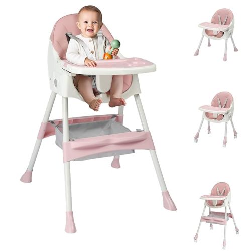 Ktaxon Foldable Baby High Chair, 2-in-1 Portable Convertible Highchair with 5-Point Safety Harness, Easy to Clean Tray and Storage Bag for Toddlers & Babies, Pink