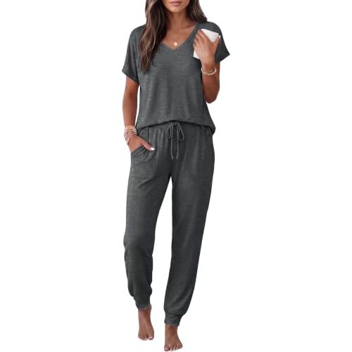 Ekouaer Womens Pajama Sets 2 Piece Lounge Set Short Sleeve Jogger Pants Pjs | V Neck Sleepwear with Pockets,Sleep & Lounge at Home,Casual Outfit Outing,Jogging,Running,Morning Walks,Yoga,Vacation,S-XXL