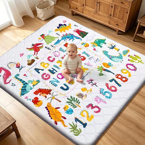 TreeBud Baby Play Mat - Thicken 50x50 Inch Soft Foam Crawling Mat for Playpen & Floor, Non-Slip Waterproof Playmats for Infants & Toddlers, Portable Foldable & Machine Washable, Dinosaur & Letters