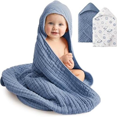 Baby Bath Towels, 100% Muslin Cotton Hooded Baby Towels for Newborn, 2 Pack Baby Towels with Hood for Infant Toddler and Kids, Large 32x32Inch Bath Essentials, Soft and Absorbent Blue Planet