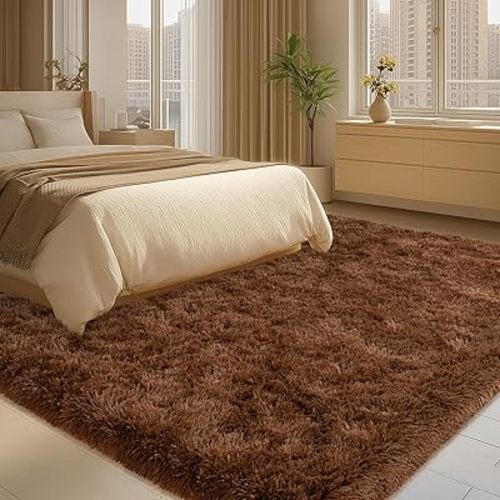 Brown Rug for Bedroom Living Room, 4x5.9 Fuzzy Fluffy Carpet, Shag Area Rugs for Kids Home Decor Aesthetic, Non Slip