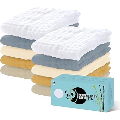 HIPHOP PANDA 10 Pack 6-Layers Muslin Burp Cloths Large - Durable 100% Cotton - Extra Absorbent and Soft Boys & Girls Rags for Newborn Registry (Grey+White+Ivory+Honey+Brown, 20" X10")