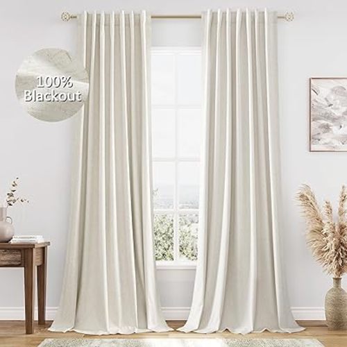 Guken Cream 100% Blackout Linen Curtains 90 Inch Length 2 Panels Set for Living Room Bedroom Back Tab Thermal Insulated Black Out Drapes Room Darkening Farmhouse Style Window Curtains 52x90