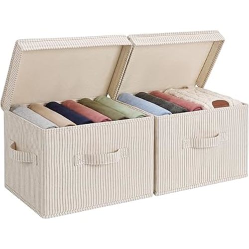 Stackable Closet Organizer Basket with Handles, Medium, Khaki and Beige Stripes, 2-Pack