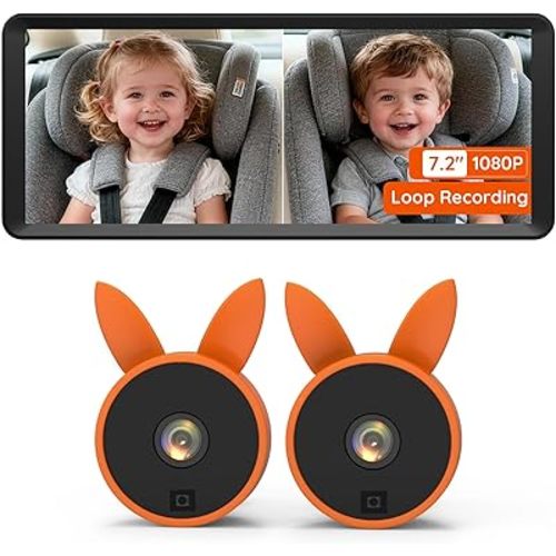 Babyvue BV3 MAX Record & Monitor Baby Car Camera for 2 Kids, 1080P 7.2" Split Screen Display with IR Night Vision, Easy Setup Carseat Camera, Rear Facing Baby Car Monitor for Twins/Pet