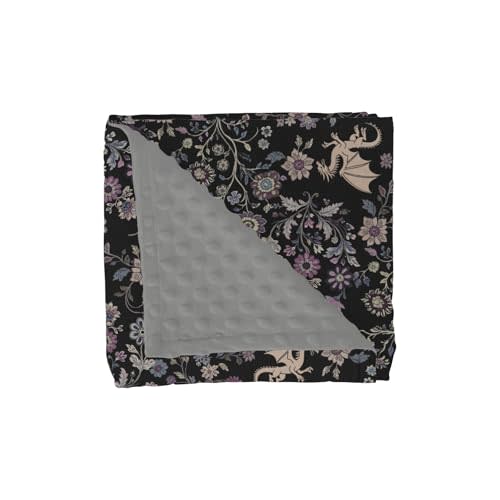 Fantasy Floral Dragons Baby Blankets for Girl Boy Fairytale Dragon Gothic Black Purple Flowers Soft Mink with Dotted Backing Double Layer Swaddle Blanket Animal Bed Throws for Infant Toddler 30x40