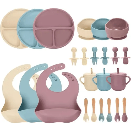 24 PCS Silicone Baby Feeding Set, Baby Led Weaning Supplies Includes Suction Bowls and Divided Plates, Adjustable Silicone Bib, Spoons&forks, Training cup with straw(Pink+Blue+Beige)