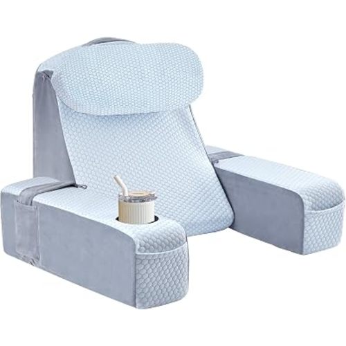 Reading Pillow for Adults, Back Pillow for Bed Sitting Up, Backrest Pillow for Sitting in Bed, Detachable Arms with Built-in Cup & Phone Caddy (White Cooling - Polka, 21 INCH)