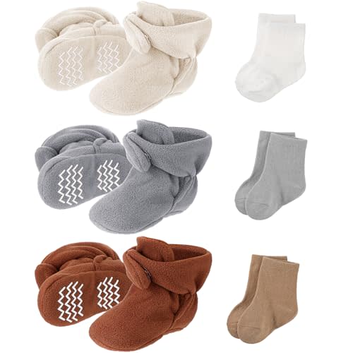 SATINIOR 3 Pairs Unisex Cozy Fleece Baby Booties with 3 Pairs Infant Cotton Socks
