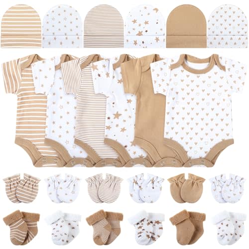 Zoooyawn 6 Set Preemie Clothes Set | Complete Premature Newborn Baby Clothing Set, Include Bodysuit Hat Socks and Mittens, Soft Cotton Layette Set for Boys Girls