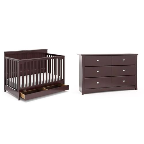 Graco Hadley 5-in-1 Convertible Crib with Drawer (Espresso) – Crib with Drawer Combo & Storkcraft Crescent 6 Drawer Double Dresser (Espresso) – GREENGUARD Gold Certified