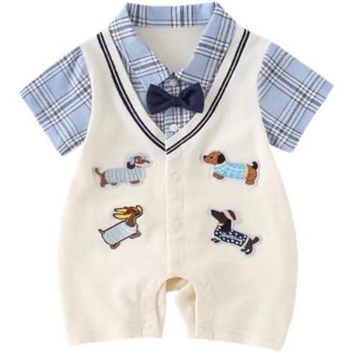 Newborn Baby Boy Summer Romper Dachshund Preppy Fake 2-Piece Outfit Cotton Infant Jumpsuit