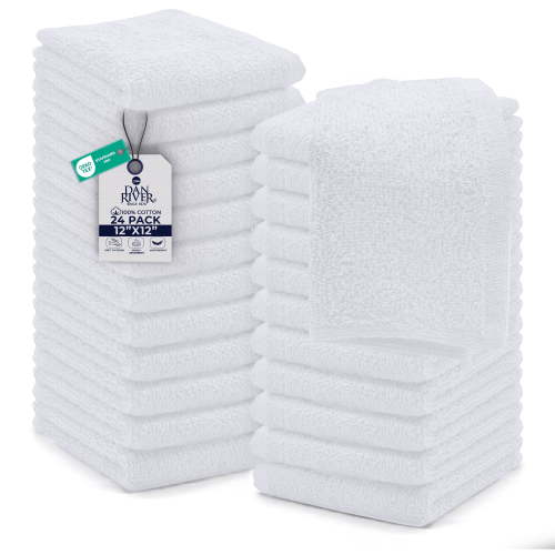 Dan River Washcloths pack of 24 High-Quality Soft Cotton Absorbent and Multipurpose Wash Clothes for Face & Body - Brilliant White 12x12in