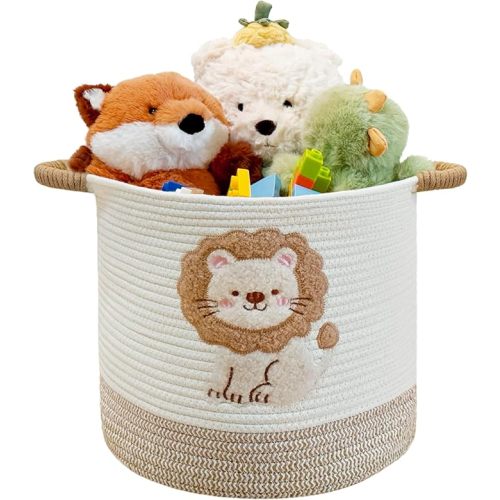 Toy Storage Basket(12"x12"), blanket basket, Cotton Rope Woven Laundry Hamper with Cute Embroidered Dinosaur for Nursery, Living Room, Laundry (Dinosaur)
