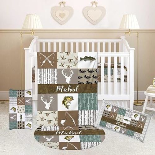 Personalized Baby Boy Crib Bedding Set with Name – Custom Nursery Bedding Set, Hunting Theme 3 Piece Set with Flannel Blanket, Fitted Crib Sheet and Changing Pad Cover for Newborns and Toddlers