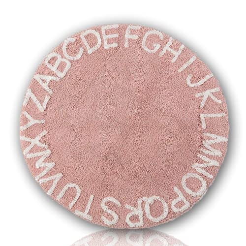 ABC Kids Rug Alphabet Educational Area Rugs for Infant Toddlers - Baby Play & Sleeping Plush Mat, Hand Woven Alphabet Carpet for Home Decor Teepee Tent (Round, 59", Pink White)