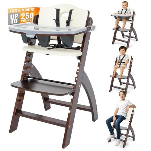 Abiie Beyond Junior Wooden High Chair with Tray - Adjustable and Convertible High Chair for Babies and Toddlers - 6 Months to 250 Lb - Water Resistant - Natural Wood with Dark Grey Cushion
