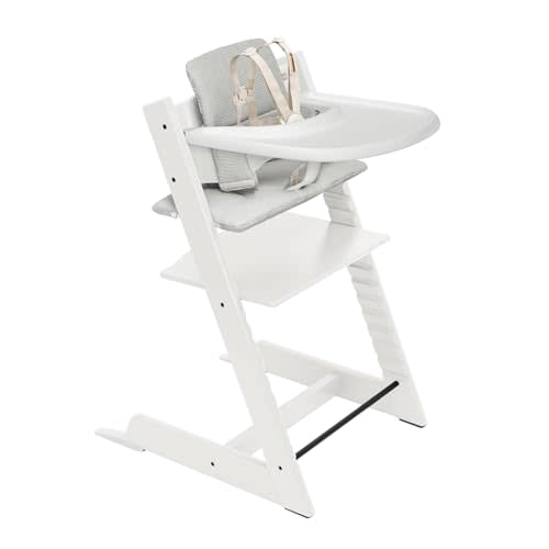 Stokke Tripp Trapp High Chair 2 (White), Cushion 2 (Nordic Grey) + Stokke Tray (White) - Includes Chair + Baby Set with Removable Harness for Children 6-36 Months