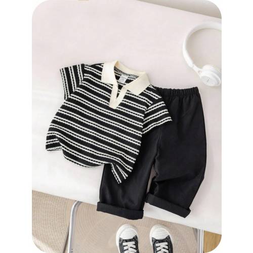 SHEIN Baby Boy Colorful Striped Lapel Short Sleeve Half-Button Romper Top And Solid Elastic Waist Pants 2 Pieces Set | SHEIN USA