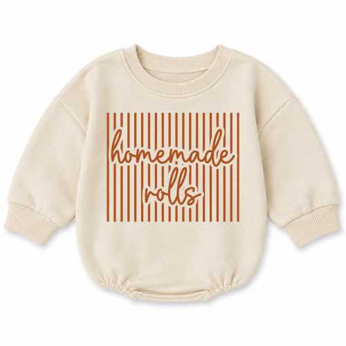 Homemade Rolls Baby Sweatshirt Romper, Funny Thanksgiving Bubble Romper Cream Striped, size 0-24M