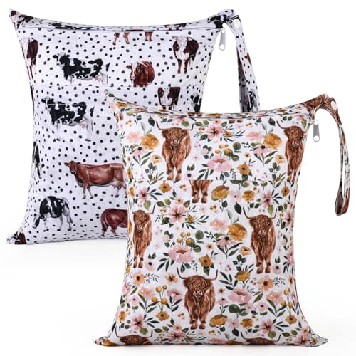 eaxin 2pcs Cloth Diaper Wet Dry Bags Waterproof Reusable with Two Zippered Pockets Travel Beach Pool Stroller Daycare Soiled Baby Items Yoga Gym Bag for Swimsuits or Wet Clothes - Highland Cow