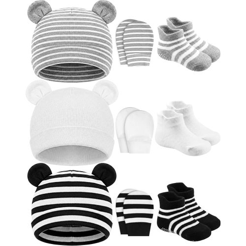 Geyoga Newborn Baby Hat Bear Ears Mittens and Socks Set for 0-6 Month