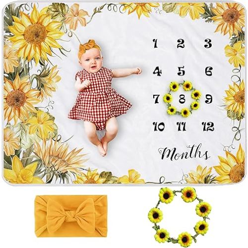 Sunflower Baby Monthly Milestone Blanket Girl, Floral Newborns Month Blanket Gift for Baby Shower, Soft Plush Photo Prop Blanket, Wreath &Headband Included, 45''x40''