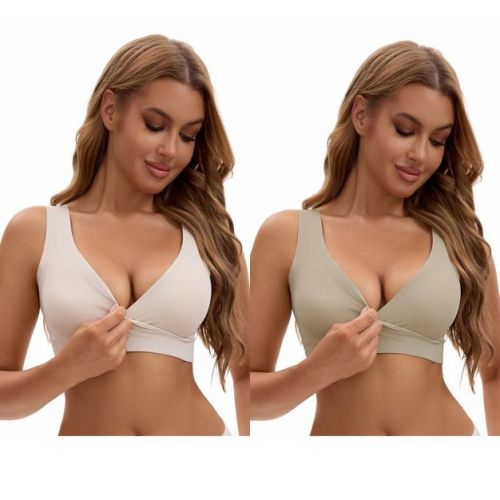 INSPIRE CHIC Nursing Bra for Women's Crossover Push Up Wirefree Sleep Breastfeeding Maternity Bralette 2 Packs 1 White+1 Light Brown Medium