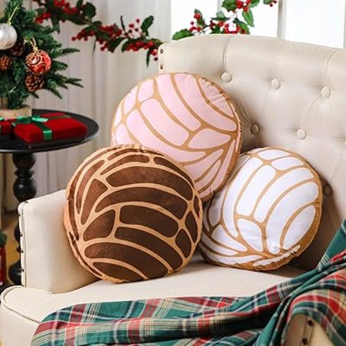 3 Pcs Concha Pillow Conchas Pan Dulce Mexican Decor Bread Pillow Cushion Novelty Food Decorative Plush Stuffed Mexican Christmas Decorations for Couch Sofa Bed Gifts