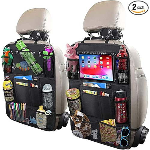 Luckybay 2-Pack Large Updated Car Backseat Organizer – 10" Touch Screen Tablet Holder + 9 Storage Pockets – Kick Mats & Seat Back Protectors for Kids and Toddlers (18" x 26.8")
