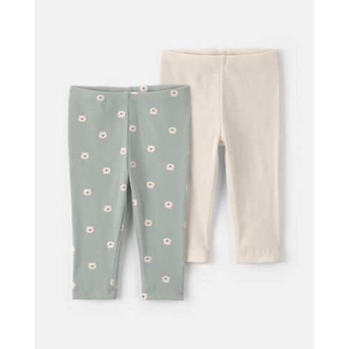 Baby Girl 2-Pack Bear Pull-On Pants - Cream/Green | Size NB
