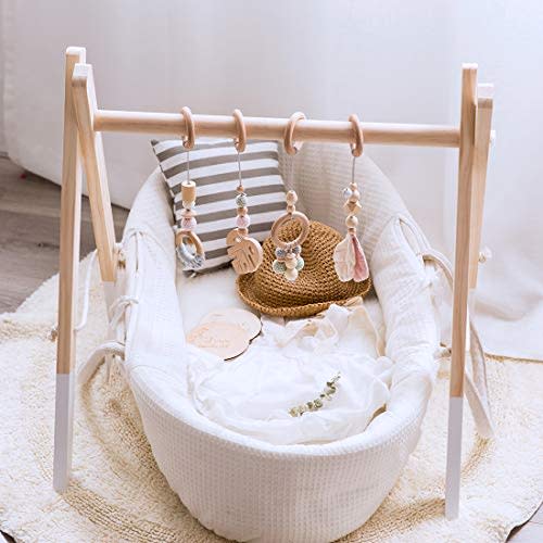 Let's Make Organic Wooden Play Gym with 4 Gym Toys Foldable Baby Play Gym Frame Activity Center Hanging Bar Newborn Gift