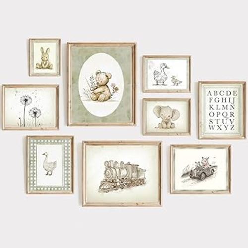 Vintage Nursery Wall Art Decor Baby Room Prints Sage Green Nursery Wall Decor Bear Duck Pictures Kids Poster Bunny Artwork Neutral Toddler Painting for Gallery Bedroom 12x16 Inch Unframed Set of 9