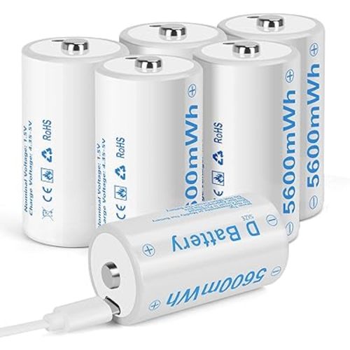 Rechargeable Lithium D Batteries with 4 in 1 USB-C Charging Cable 5600mWh 1.5V D Size Cell Battery (6 Pack)