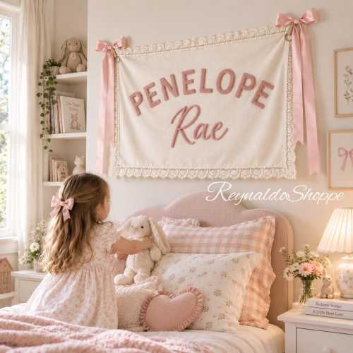 Personalized Nursery Name Banner, Custom Embroidered Baby Name Sign, Lace Kids Wall Decor, Toddler Room Hanging, Baby Shower Gift
