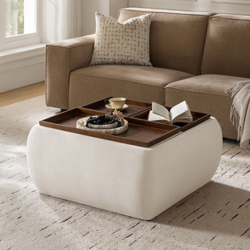 Latitude Run® Lessman 37.25"W Mid-Century Modern Chenille Ottoman with Reversible Wood Tray Top and Storage & Reviews | Wayfair