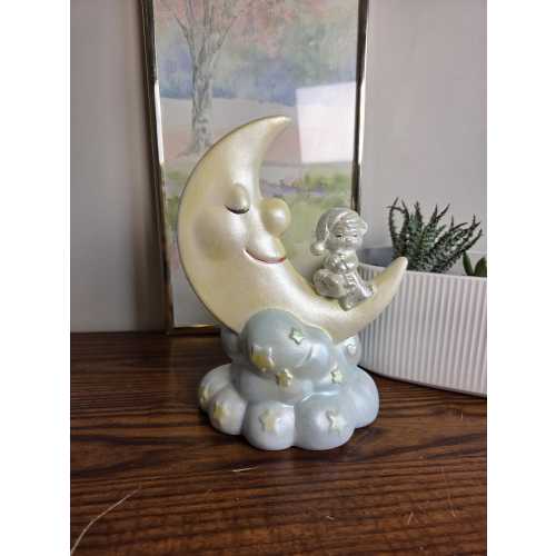 Vintage Baby on Moon Figurine – Nursery Decor – Ceramic Moon Baby Statue – Retro Kitsch Baby Room Decor – Crescent Moon Figure