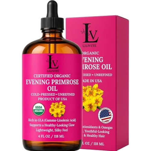Evening Primrose Oil – 100% Pure, Cold-Pressed & Unrefined, Organic Evening Primrose Oil, Rich in Natural Fatty Acids & Antioxidants – for Skin, Hair, Massage & Carrier Oil, 4 fl oz Glass Bottle