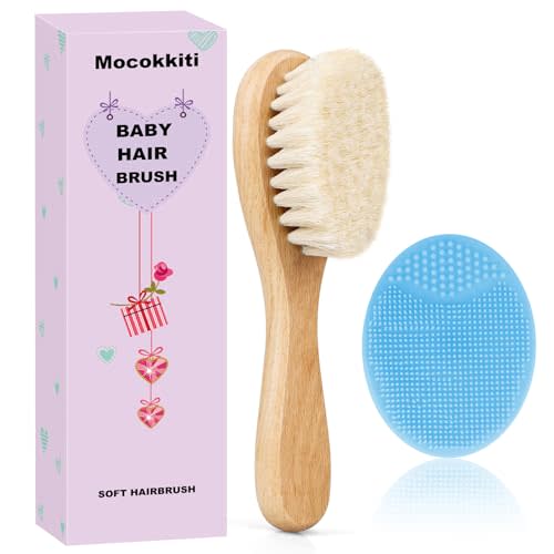 Baby Hair Brush, Mocokkiti Goat Bristles Brush and Baby Cradle Cap Brush Set for Cradle Cap Wood Bristle Brush for Newborns and Toddlers, Blue Silicone Brush (2PCS)
