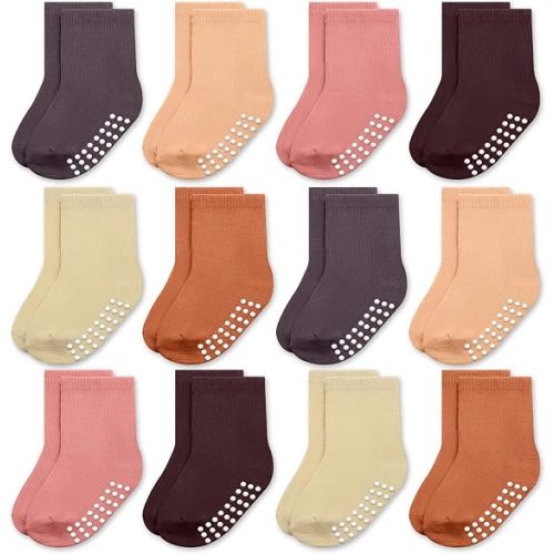 Baby Toddlers Crew Socks with Non-Slip Grip 12 Pack Cotton Stretch Socks