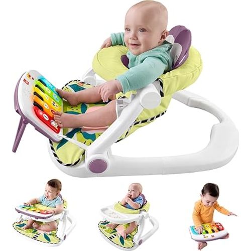 Fisher-Price Portable Baby Chair Kick & Play Deluxe Sit-Me-Up Seat with Piano Learning Toy & Tray for Infants to Toddlers, Purple Monkey