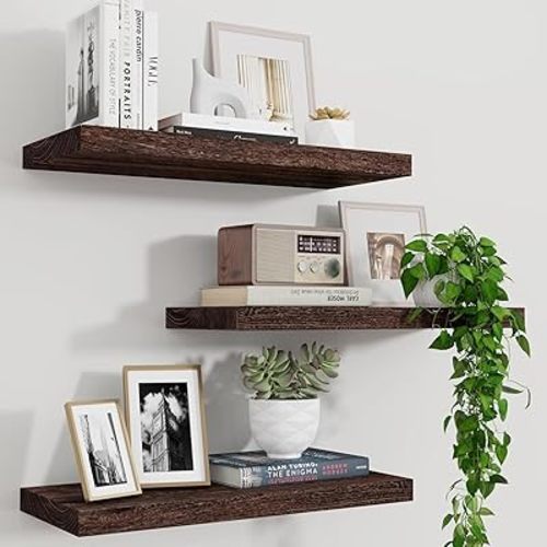 Marsmiles Wood Floating Shelves for Wall Set of 3, 17 Inch Wide Rustic Wooden Floating Shelves, Invisible Wall Mounted Display for Living Room Bedroom Kitchen Bathroom Office, Rustic Brown