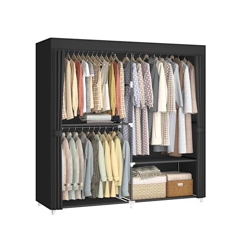MOGELAFOO 62.5" Closet Wardrobe, Portable Closet for Bedroom, Freestanding Clothes Rack with Non-Woven Fabric Cover, 3 Hanging Rods, 4 Storage Shelves, Clothes Storage Organizer, Black