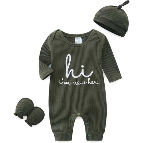 Newborn Unisex Baby Clothes 0-3 Months,Long Sleeve Onesie Infant Coming Home Outfits Romper with Mittens & Hat